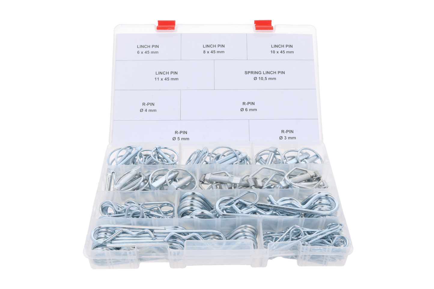 Cutie asortată cu 165 cleme R și știfturi de fixare
